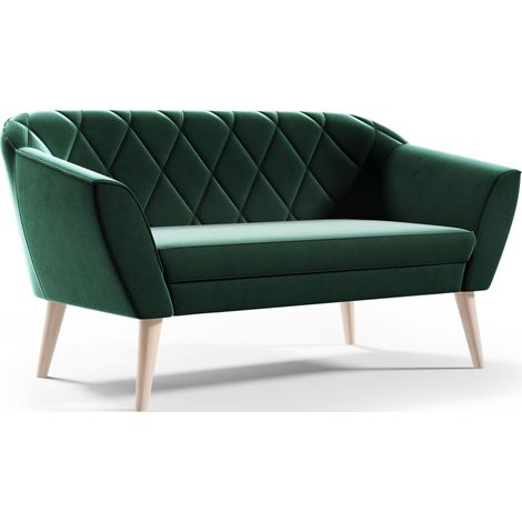 Sofello Sofa 2 Sitzer Velour-- KARO -- Gruen Sitzbank aus Samt hohe Holzfüße Sofa im skandinavischen Stil - schöne, moderne Steppung (1/5)