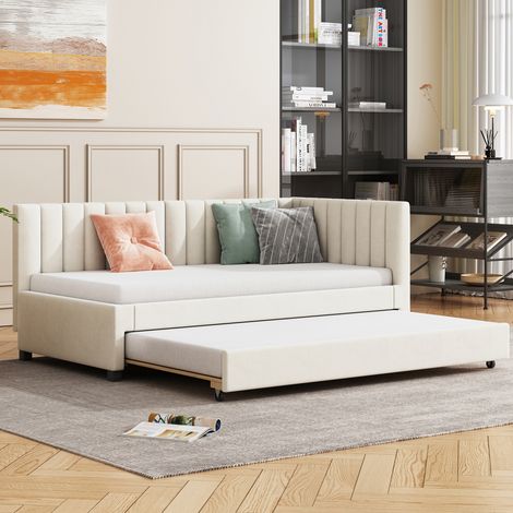 Lit gigogne 90x200 cm, avec sommier à lattes, velours, design moderne du milieu du siècle, pour lits d'adolescents et d'enfants - Beige (1/5)