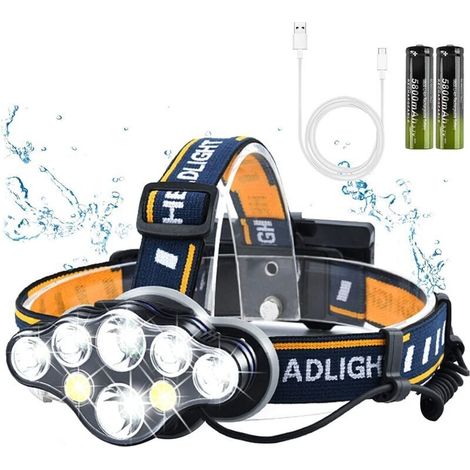 Wiederaufladbare LED-Stirnlampe, extrem leistungsstarke 8-LED-Lampe, wasserdichte und leichte Stirnlampe, perfekt für Camping, Angeln, Höhlenforschung, Joggen und Wandern [Energieklasse A+++] (1/4)