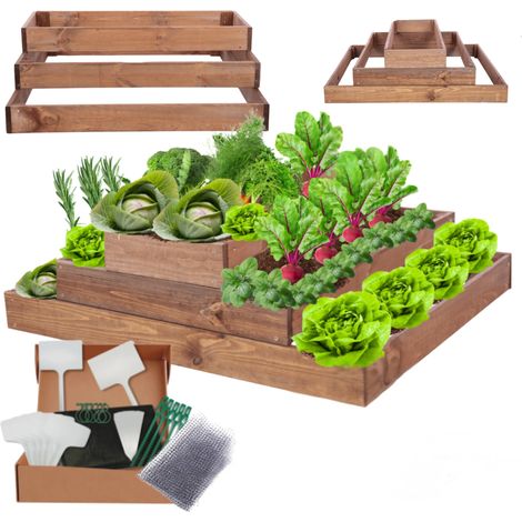 MODO24 ZP09 Carré potager surélevé en escalier modulable, bois de pin, herbes/légumes, jardin/terrasse/balcon, 27x117x80 cm, marron