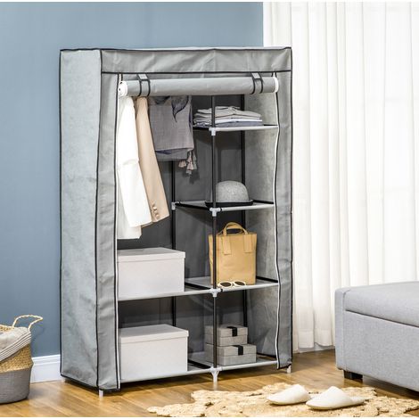 MEUBLIV Armoire en tissu 103x43x162,5 cm grise – 6 compartiments, penderie et housse zippée (1/5)