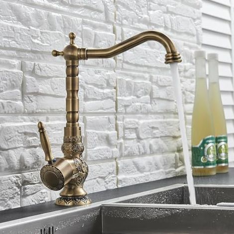 Robinet mitigeur évier cuisine rétro sculpté, cuivre antique à levier, bec pivotant, compatible avec cuisine familiale moderne et salle de bain, design intemporel
