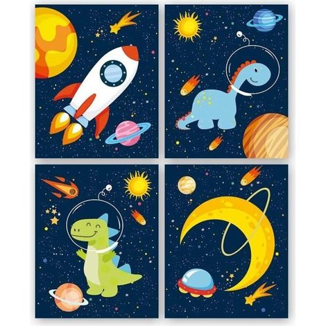 Lot de 4 Poster Pour Chambre D'Enfant/Bébé,Affiche de Planète Fusée,Affiches Espace Enfants,Impression D'art Mural Dinosaures,Tableaux Décoratifs Pour Garçon Chambre,Sans Cadre ,2025cm (1/5)