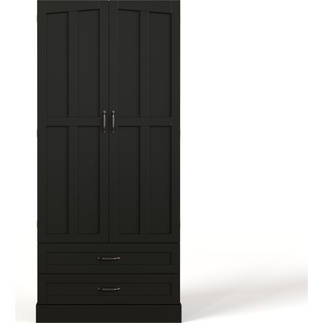 Aparador alto de cocina negro de MDF con 3 estantes extraíbles y 2 cajones, 80x38x180 cm (1/5)