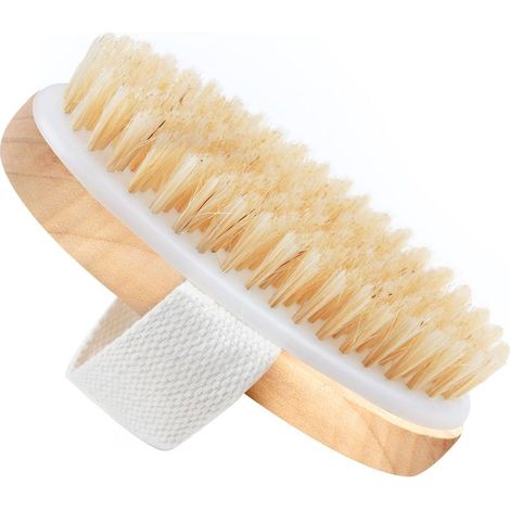 Brosse de massage exfoliante pour le corps, en bois de hêtre naturel et en poils de sanglier, favorisant le drainage lymphatique.
