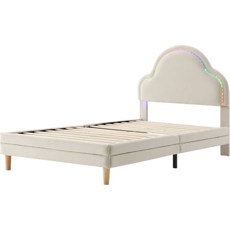 Gutent – Lit simple enfant 90x200 cm – Tête de lit nuage avec bande LED – Velours beige – Structure stable pour 120kg – Installation facile (1/5)