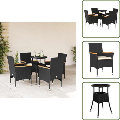 The Living Store 5-tlg. Garten-Essgruppe mit Kissen Schwarz Poly Rattan und Glas - Gartenmöbel - Essgruppe - Gartenset - Outdoor Möbel - Terrassenmöbel (1/5)