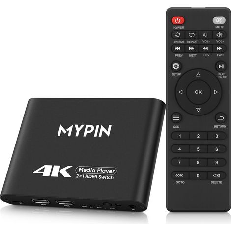 4K Lecteur multimédia, 14 to HDD/USB 512 Go/Carte TF 256Go, HDMI 2 Ports Commutateur/répartiteur HDMI 2 en 1, 2 ports, commutation auto par télécommande, support de la lecture en boucle et reprise (1/5)