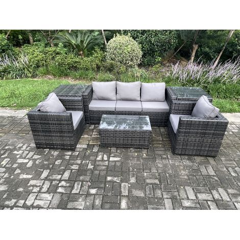 Fimous Rattan Garden Furniture Set with 3 Seater Sofa Coffee Table 2 Side Tables 2 Armchairs Indoor Outdoor Patio Lounge Sofa Set Dark Grey Mixed (1/5)