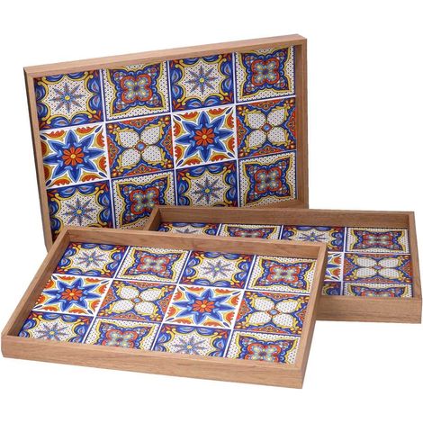 Set 3 Vassoi Rettangolari da Cucina in Legno Multicolor