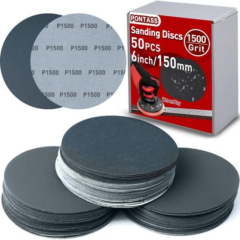 Disques de Ponçage 150mm Disques Abrasifs Auto-Agrippants Grain 1500, 50 Pièces Papier de Verre Sec à l'eau, Disques Abrasifs Ronds, pour Meulage Fraisage, Gravure, Auto, Mastic, Plastique, Vernis (1/5)