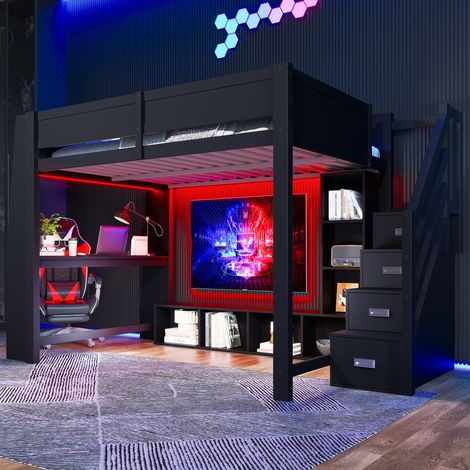 Letto rialzato adulto 140x200 cm con scrivania, vano portaoggetti, LED e scala contenitore, in legno nero, materasso non incluso (1/5)
