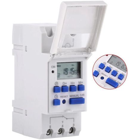 Minuterie programmable hebdomadaire 220V – Afficheur LCD – 16 ON/OFF – Rail DIN – Précision à la minute – Capacité 25A (1/5)