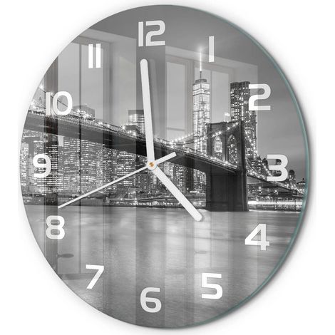 Horloge Murale Ronde pour Cuisine Verre Trempé Silencieuse Décoration Moderne New York la nuit fi 30 cm (1/5)