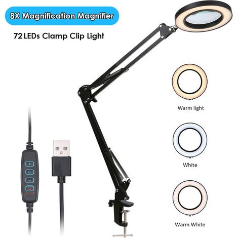 Lupe mit LED-Klemmclip, 8-fache Vergrößerung, 10 einstellbare Helligkeitsstufen, dimmbar, 3 Farben, Temperaturwechsel, Schreibtischlampe, Stromversorgung über USB mit flexiblem Ständerhalter