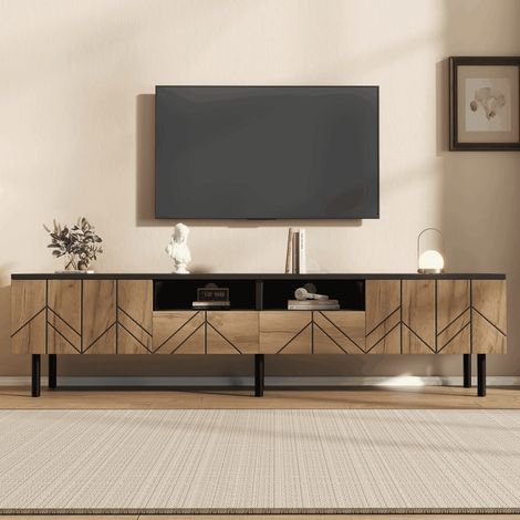 Meuble TV moderne 180 cm, 2 portes et 2 tiroirs, grand rangement, pieds surélevés, panneaux de particules, Noir effet bois (1/5)