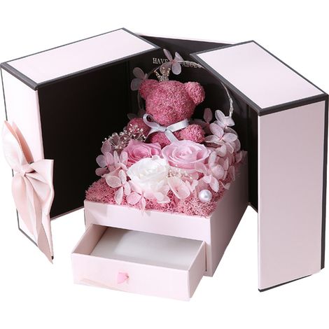 Coffret à bijoux double porte avec motif fleur éternelle, tiroir de rangement et lampe LED intégrée, idée cadeau parfaite pour la Saint-Valentin (1/5)
