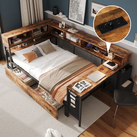 Letto singolo in metallo 120x200 cm con 2 cassetti e tavolino laterale OKWISH (1/5)