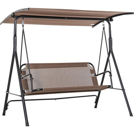 Balancelle de jardin 2 places avec pare-soleil et auvent inclinable, idéale pour terrasse, balcon et extérieur. Charge maximale : 200 kg. Dimensions : 172 x 110 x 155 cm. Couleur : marron. (1/4)