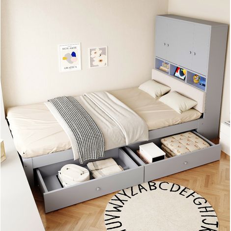 Cama individual 90x200 cm gris de madera con almacenaje, LED, toma de corriente y cajones (1/5)