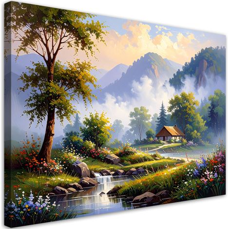 Cuadro en Lienzo Casita en las montañas paisaje río 30x20 (1/5)
