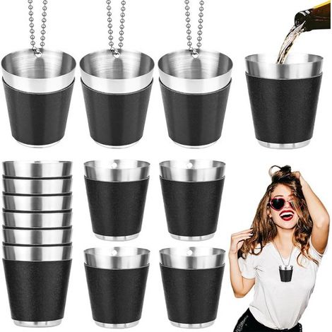 Set de 12 verres à shot en acier inoxydable - 30 ml - Avec chaîne et support en cuir - Résistants à la chaleur - Design portable - Pour fêtes, camping et festivals (1/5)