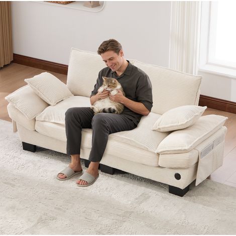 2-Sitzer Sofa 190x73x84 cm Beige Cord mit USB-C-Anschluss und Seitentaschen (1/5)