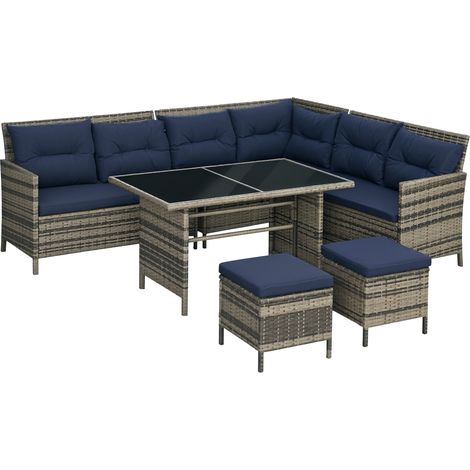 7-Seater Patio wicker Sofa Set Rattan Chair Furniture w/ Glass & Cushioned, Dark Blue