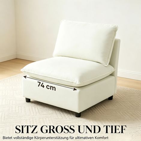 Fauteuil 1 place en toile crème avec coussins épais et structure métallique, 74x85x78 cm (1/5)