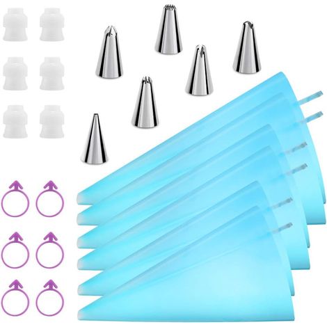 Poche à Douille Réutilisable - 6 Poches en TPU (25 30 35 cm) - 6 Embouts Métalliques - 6 Raccords - 6 Liens - Pour Décoration de Gâteaux et Pâtisseries (1/5)