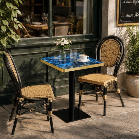 Table à manger carrée 60 x 60 x 74 cm effet marbre, plateau UV, structure métallique bleue OKMYHOME (1/5)