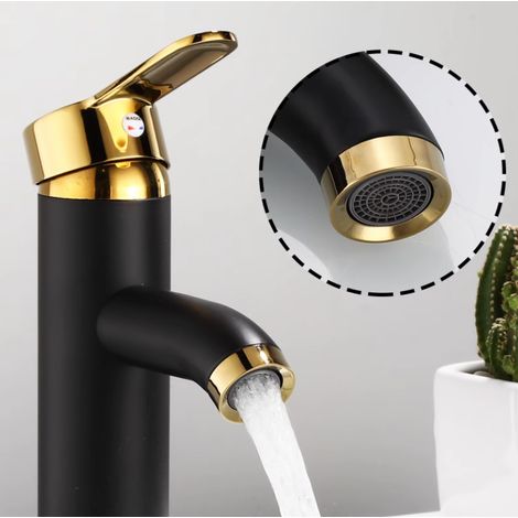 Bassin robinet d'eau chaude et froide lavabo robinet de salle de bain noir or haut coude simple (1/2)