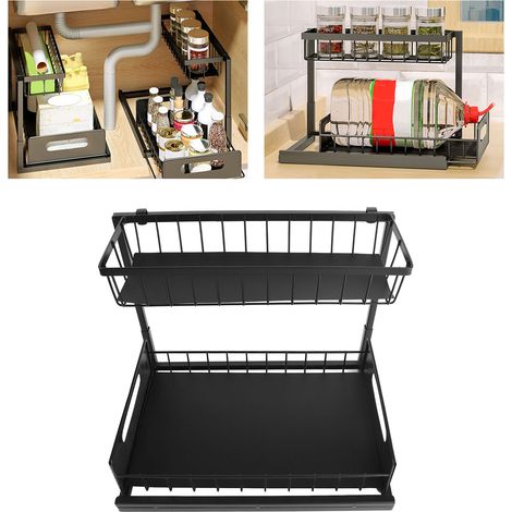 Meuble noir en forme de L avec paniers coulissants à double niveau sous l'évier, étagère de rangement coulissante, étagère à épices sur le comptoir et tiroirs de rangement intégrés. (1/5)