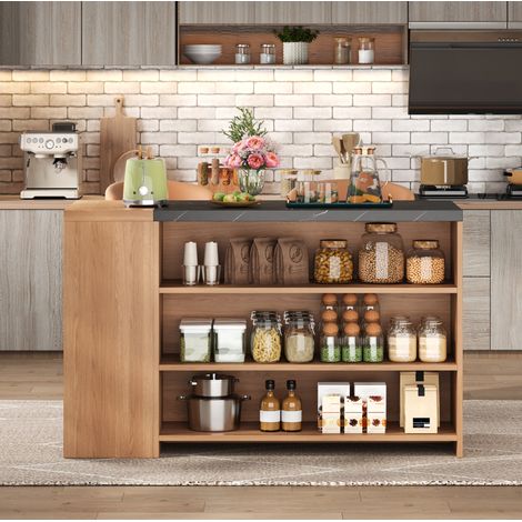 Îlot de cuisine 140x60x90 cm noir et naturel en MDF avec rangements multiples et tiroir caché (1/5)
