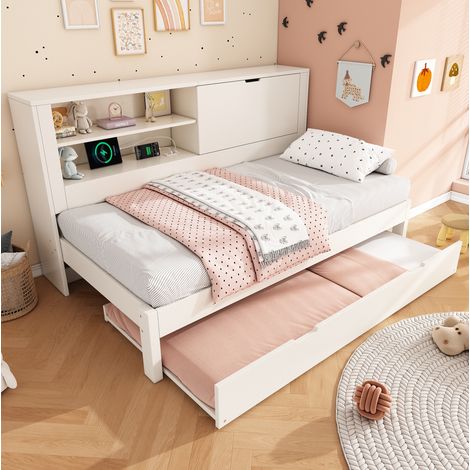 Bett Einzelbett Stauraum 90x200 mit Ausziehbett Holz HAVRYA (1/5)