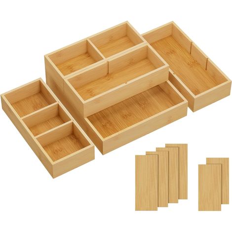 Lot de 5 Organiseurs Tiroirs avec 6 Inserts, Boite Rangement Réglable avec 11 Compartiments, Séparateur Tiroir en Bois pour Ustensiles de Cuisine, Maquillage, Bijoux, Bureau, Salle de Bain (1/5)