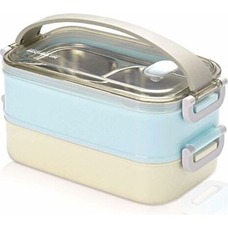 Boîte à lunch isotherme en acier inoxydable avec 2 compartiments, contenant bento portable pour école et bureau, conservation chaude/froide jusqu’à 6 h, capacité 1,6 L, couleur bleue