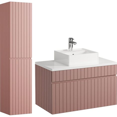 Mobile per bagno sospeso scanalato con lavabo da appoggio e colonna - 80 cm - Rosa - SATARA