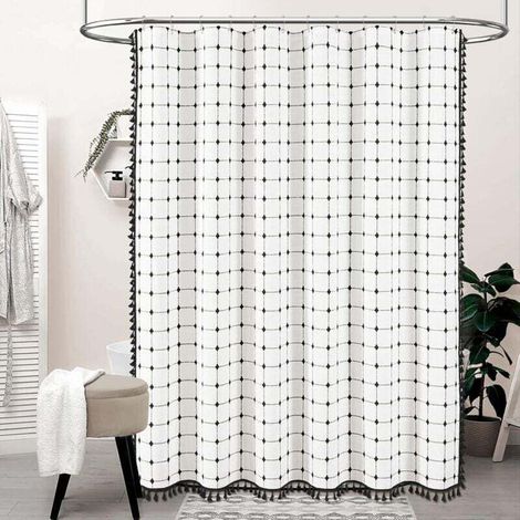 Bohemian shower curtain with tassels, linen fabric, ideal for bathroom décor, 183 x 213 cm (white background with black checks) (1/4)