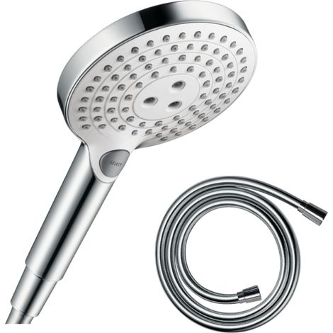 Pommeau de douche HANSGROHE Raindance Select S EcoSmart 120 3 jets blanc/chromé + flexible de douche 2 m HANSGROHE Isiflex chromé