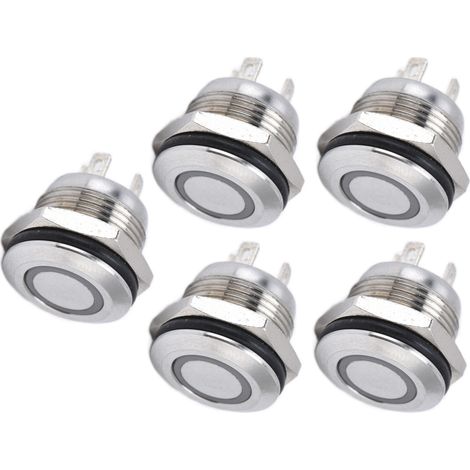 Bouton poussoir LED vert 12mm DC3-6V, interrupteur plat acier inoxydable, auto-rétablissement, pack de 5 pièces, accessoire d'alimentation (1/5)