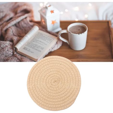 Dessous de verre rond en coton tissé à la main, 11 cm d'épaisseur, isolant et polyvalent, couleur kaki. (1/5)