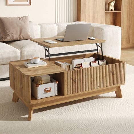 Modernluxe - Table basse relevable 95x48x50 cm - Design ondulé - Compartiments de rangement latéraux ouverts - MDF - Naturel (1/5)