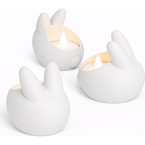 Bougeoirs lapin de Pâques, blancs, lot de 3, avec bougie chauffe-plat LED