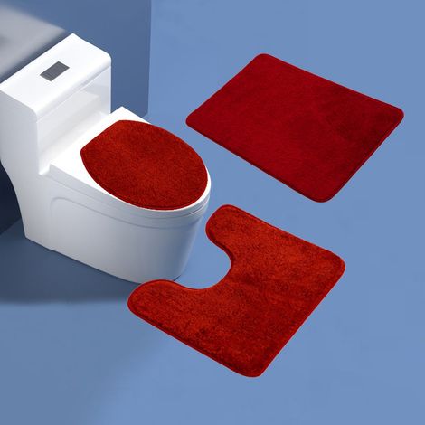 Ensemble de trois tapis absorbants et antidérapants pour salle de bain et toilettes - tapis de siège de toilette - tapis de sol moelleux unis, couleur bordeaux (1/5)