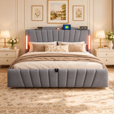 Lit coffre rembourré 180x200 cm en velours avec tête de lit LED, USB-C, éclairage de nuit, rangement hydraulique et sommier à lattes - Gris (1/5)