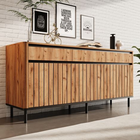 Buffet 160x40x73cm en MDF, meuble TV avec 3 tiroirs coulissants et 3 portes persiennes, 6 pieds en métal, bords arrondis, charge maximale 30 kg, commode aspect chêne pour salon (1/4)