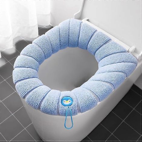 Housse de siège de toilette avec anneau de traction, coussin extensible doux et chaud pour salle de bain (bleu) (1/5)