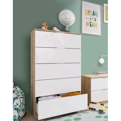 Dmora - Cómoda Dhvali, Semanal con 5 cajones, Tocador para dormitorio, semanario moderno, 60x40h110 cm, Roble y Blanco (1/5)