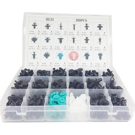299pcs Clips Agrafe Plastique Rivets Garnissages Pare-chocs Panneaux de Portes Auto Voiture Universel avec Boîte De Rangement (1/5)
